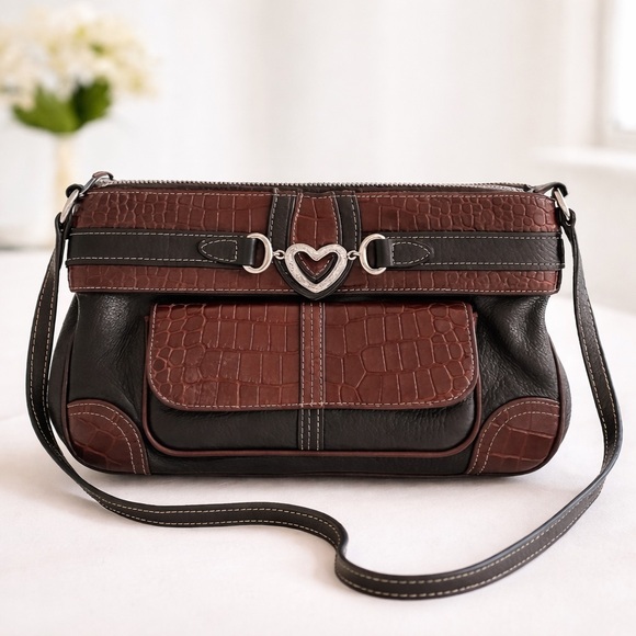 Brighton Handbags - Brighton Leather Croc Embossed Crossbody Bag Black Brown